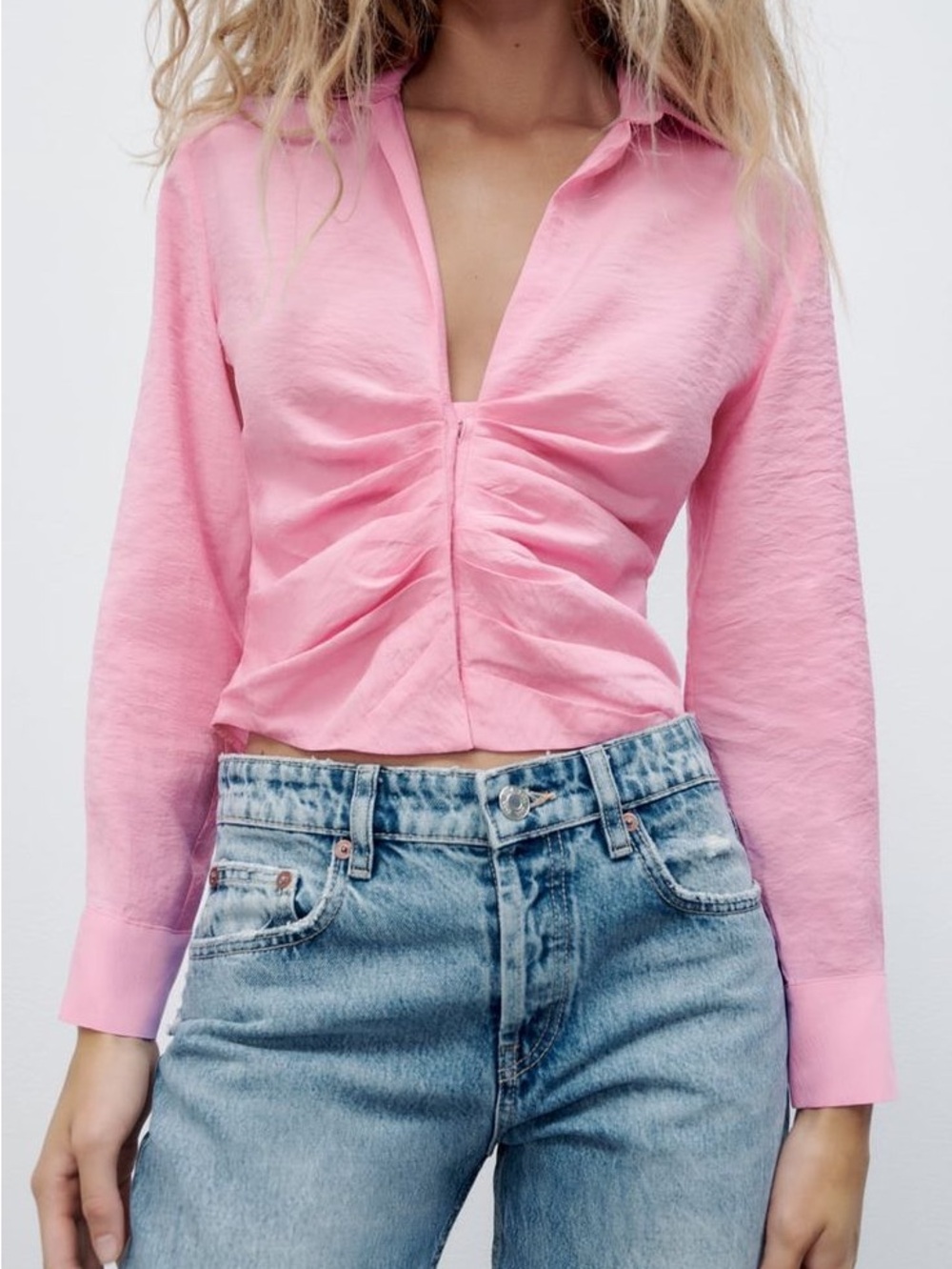 Zara Pink Ruched Front Collared Button-Down Shirt